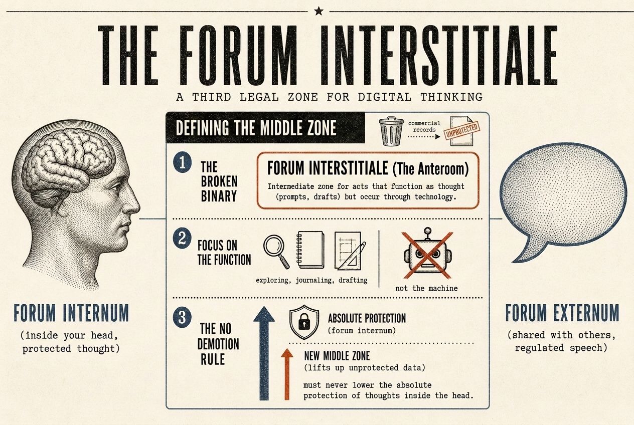 Diagram placing the forum interstitiale, the anteroom, between the forum internum inside your head and the forum externum shared with others