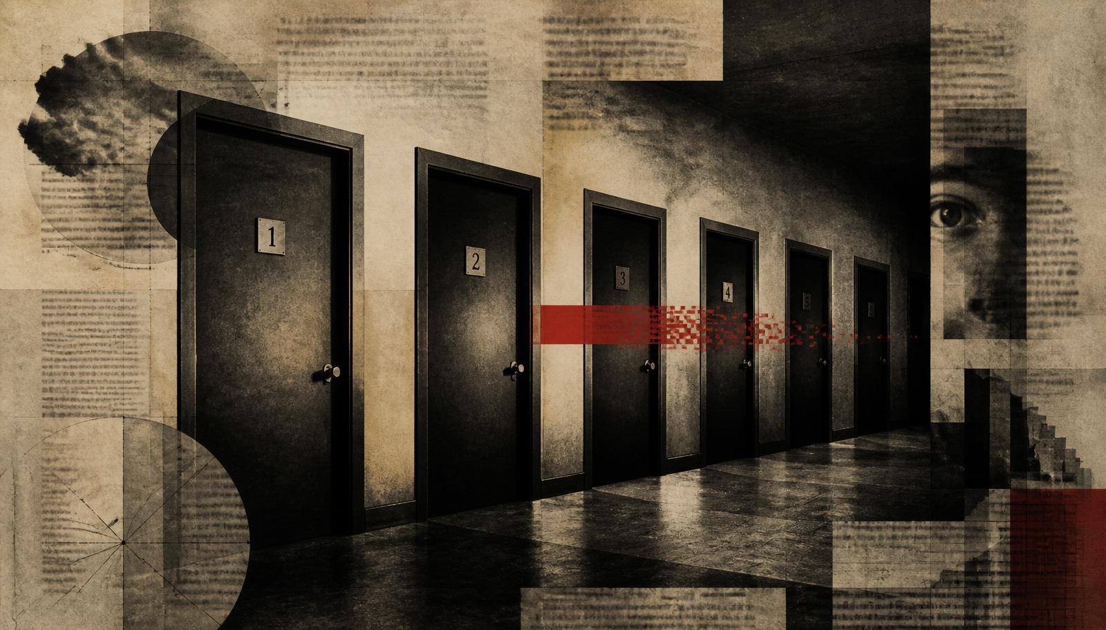 Photo collage of a long corridor of four numbered doors receding into perspective, cut by a band of red pixel glitch.