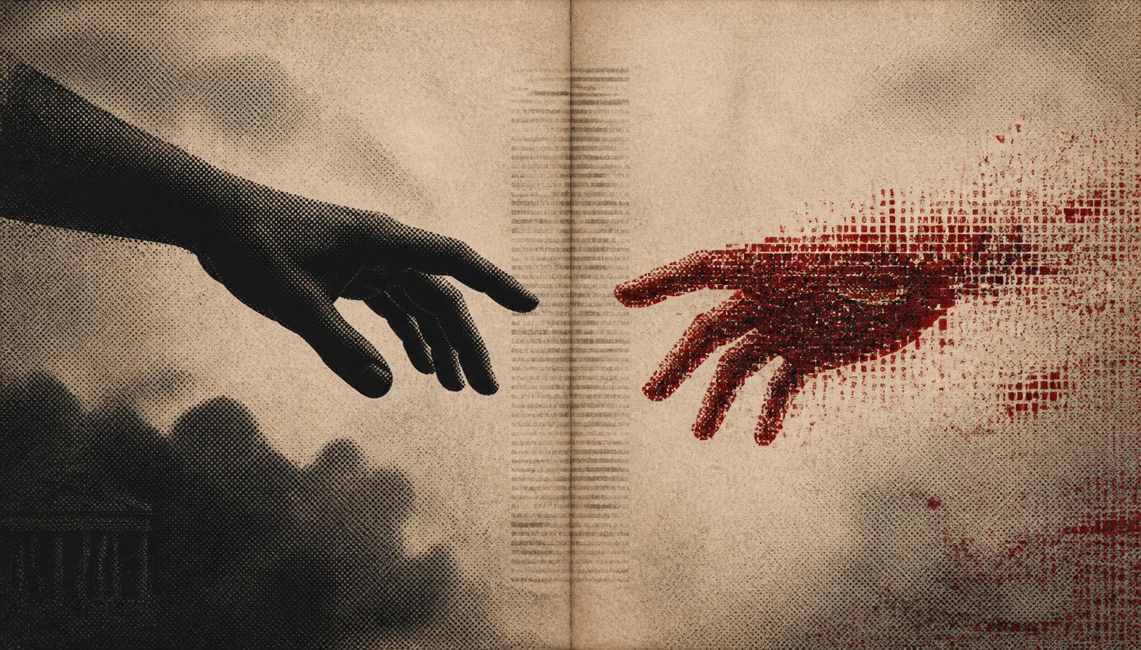 Photo collage of two hands reaching toward each other across a column of newsprint, one in black half-tone, the other assembled from red pixel fragments.